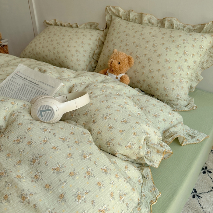 91家纺网 家纺一手货源 找家纺 2025新韩版花边全棉双层皱皱纱布四件套 花仙子