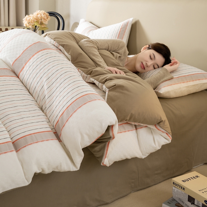 91家纺网 家纺一手货源 找家纺 九沐良品 2025新款全棉水洗棉提花四件套 简凝-卡其