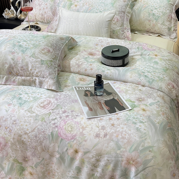 91家纺网 家纺一手货源 找家纺 莱豫2025新款50支莱赛尔天丝四件套 花漾情绿