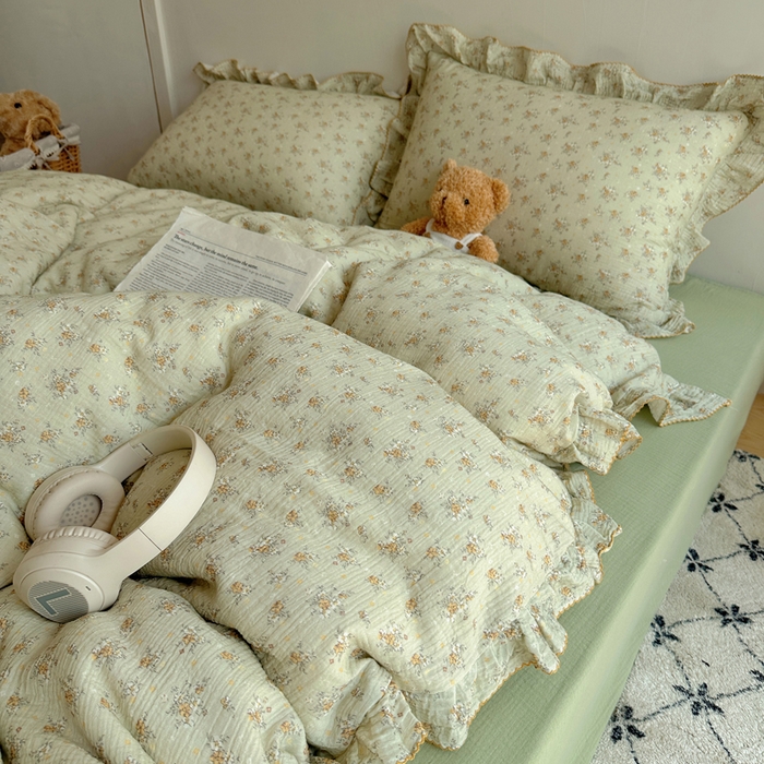 91家纺网 家纺一手货源 找家纺 2025新韩版花边全棉双层皱皱纱布四件套 花仙子