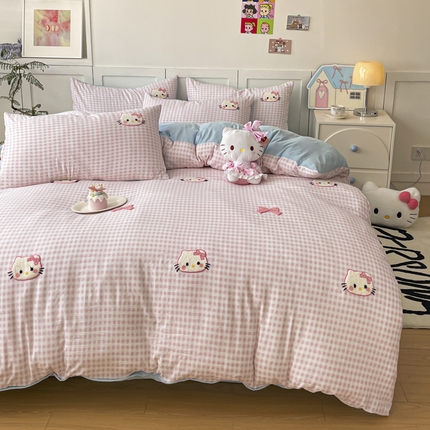 首尔2025新款云朵棉毛巾绣四件套 粉格小猫