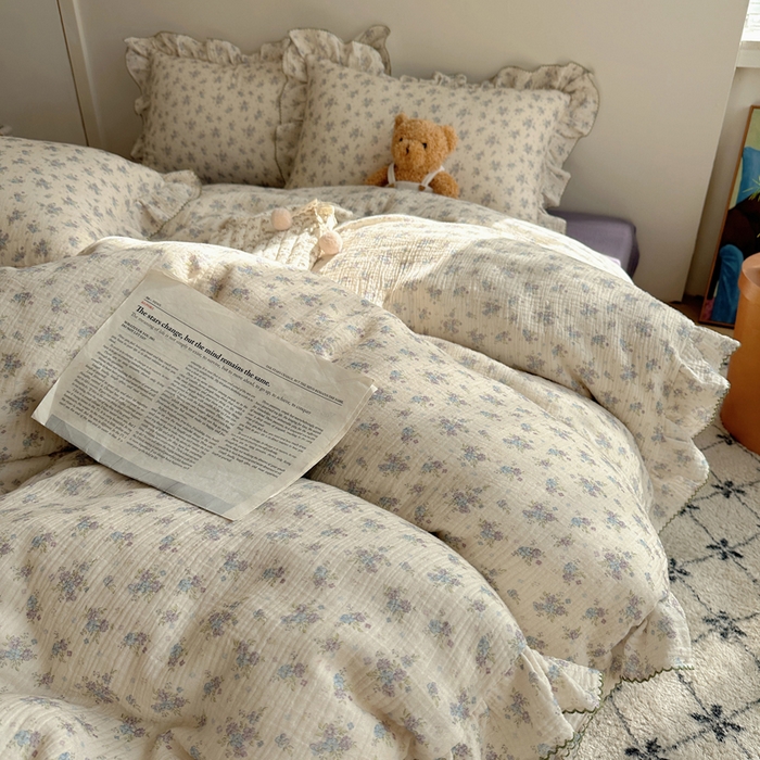 91家纺网 家纺一手货源 找家纺 2025新韩版花边全棉双层皱皱纱布四件套 怦然心动