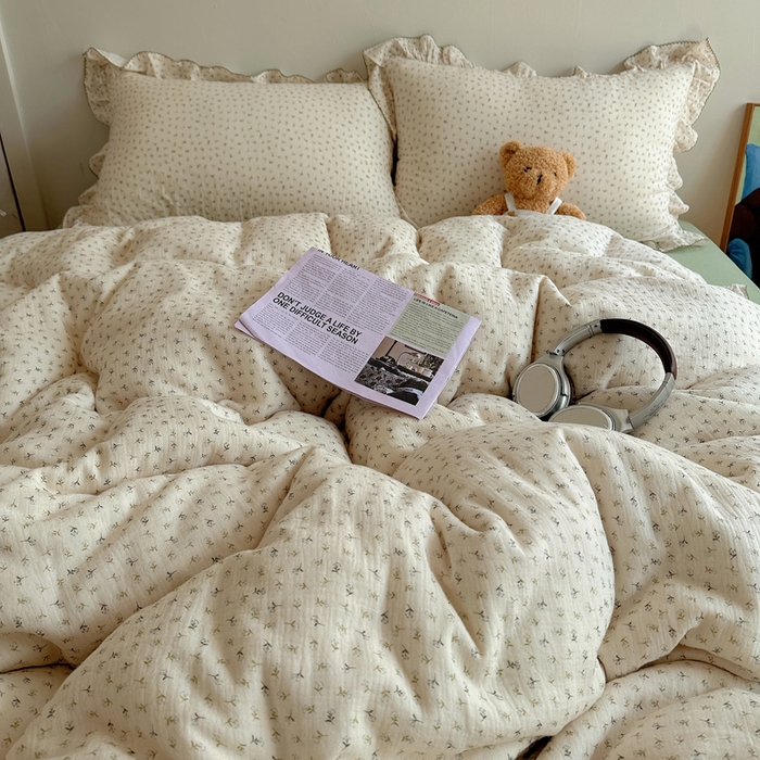 91家纺网 家纺一手货源 找家纺 2025新韩版花边全棉双层皱皱纱布四件套 清新奶盐