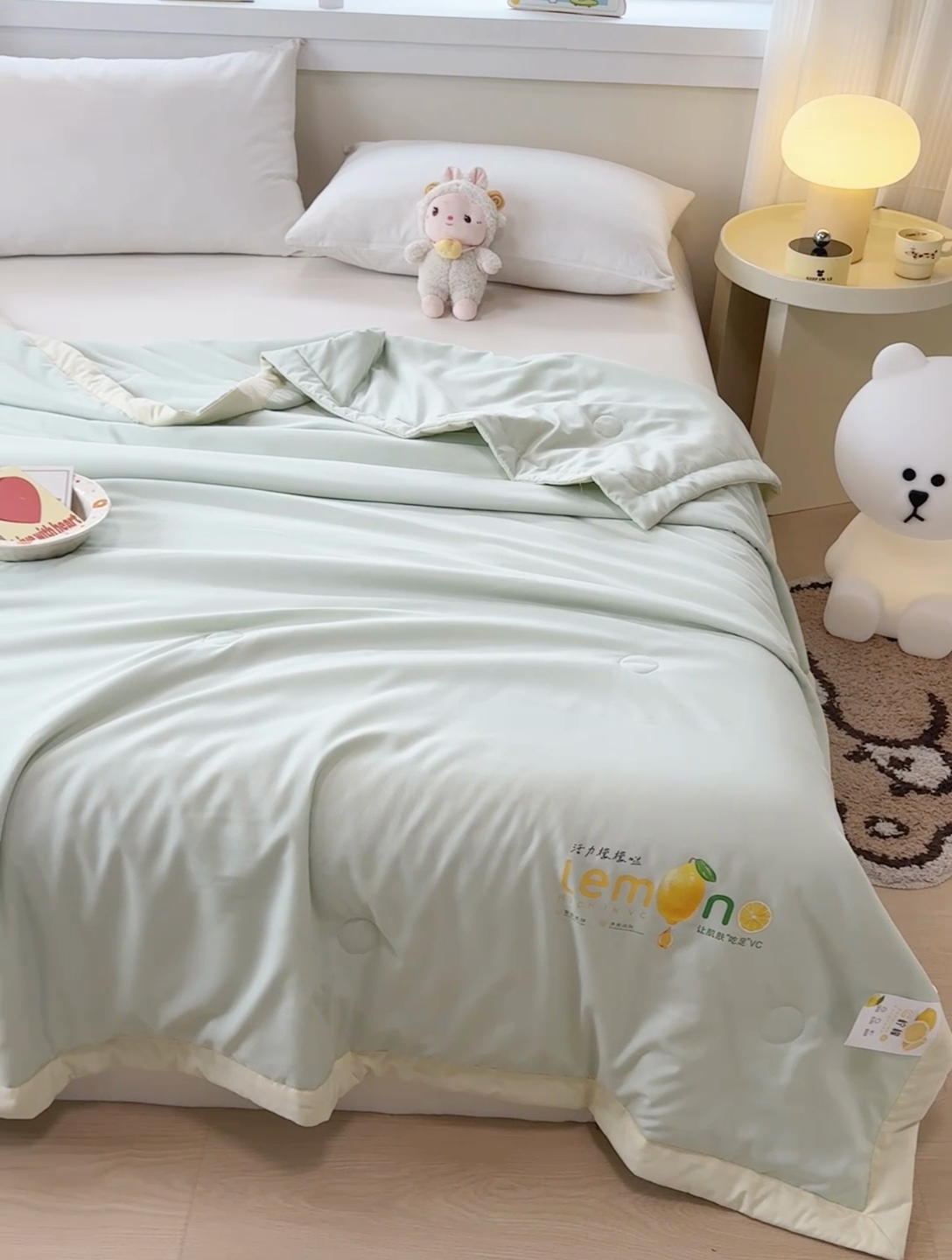 91家纺网 家纺一手货源 找家纺 帕芬鸟家纺 2025新款柠檬夏被 柠檬-薄荷绿