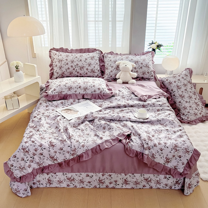 91家纺网 家纺一手货源 找家纺 找底底家纺 2025新款60S水洗天丝夏被夏凉被空调被床裙四件套 满园芬芳