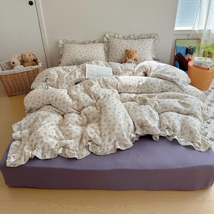 91家纺网 家纺一手货源 找家纺 2025新韩版花边全棉双层皱皱纱布四件套 怦然心动