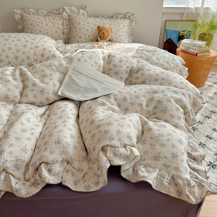 91家纺网 家纺一手货源 找家纺 2025新韩版花边全棉双层皱皱纱布四件套 怦然心动