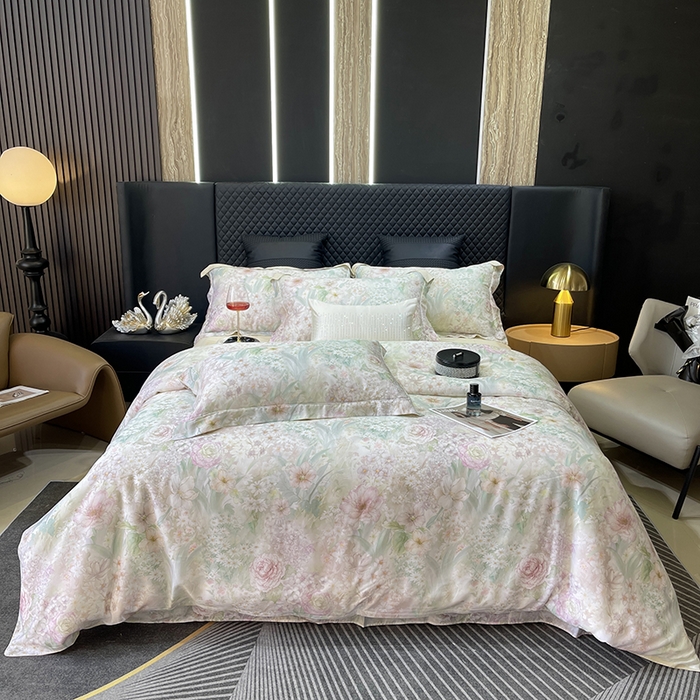 91家纺网 家纺一手货源 找家纺 莱豫2025新款50支莱赛尔天丝四件套 花漾情绿