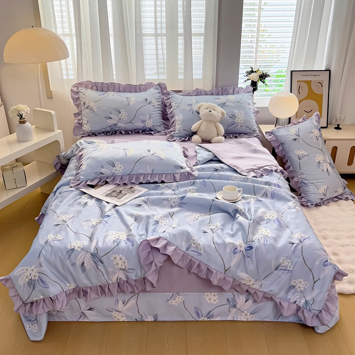 91家纺网 家纺一手货源 找家纺 找底底家纺 2025新款60S水洗天丝夏被夏凉被空调被床裙四件套 摇曳花香