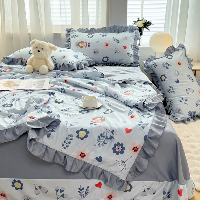 91家纺网 家纺一手货源 找家纺 找底底家纺 2025新款60S水洗天丝夏被夏凉被空调被床裙四件套 梦花田