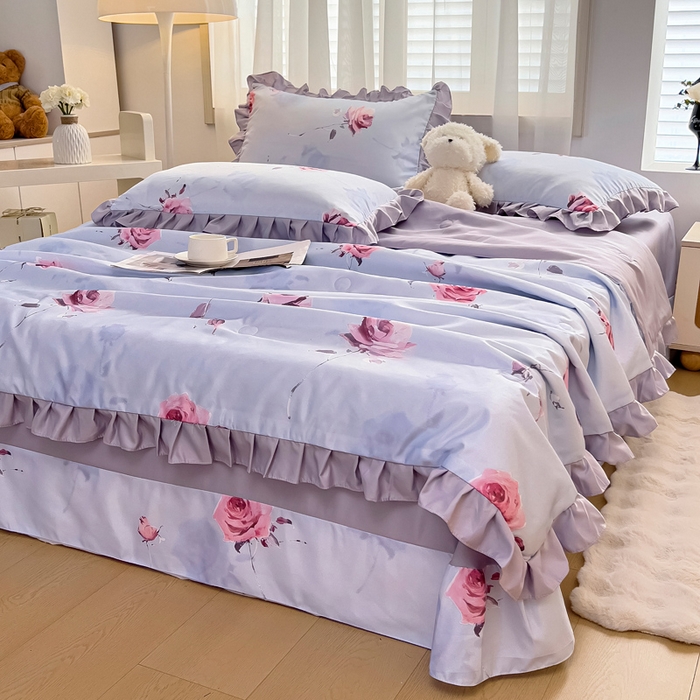 91家纺网 家纺一手货源 找家纺 找底底家纺 2025新款60S水洗天丝夏被夏凉被空调被床裙四件套 浪漫玫瑰