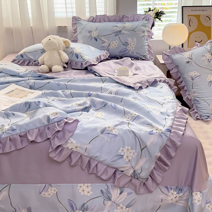 91家纺网 家纺一手货源 找家纺 找底底家纺 2025新款60S水洗天丝夏被夏凉被空调被床裙四件套 摇曳花香