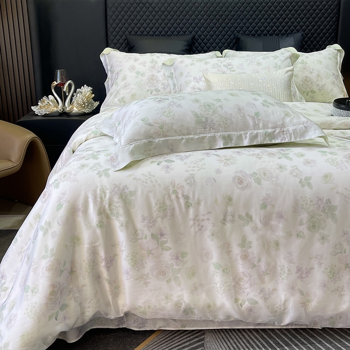 91家纺网 家纺一手货源 找家纺 莱豫2025新款50支莱赛尔天丝四件套 绿光森林