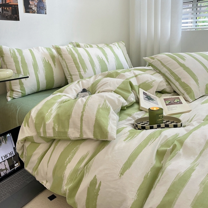 91家纺网 家纺一手货源 找家纺 吉象2025新款全棉印花北欧极简四件套系列 文艺绿