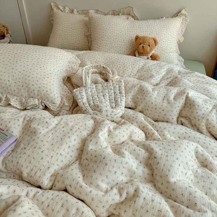 91家纺网 家纺一手货源 找家纺 （总）2025新韩版花边全棉双层皱皱纱布四件套