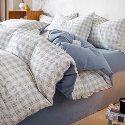 2025新款全棉水洗棉双层纱印花四件套 伯克利-蓝