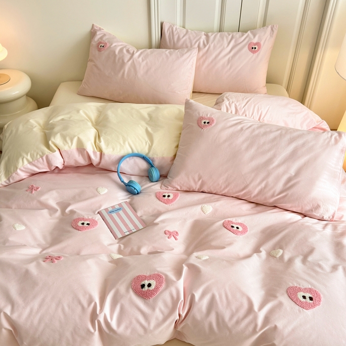 91家纺网 家纺一手货源 找家纺 锦觅2025新款奶油小清新毛巾绣全棉纯棉四件套（专版花型必须控价） 大眼爱心