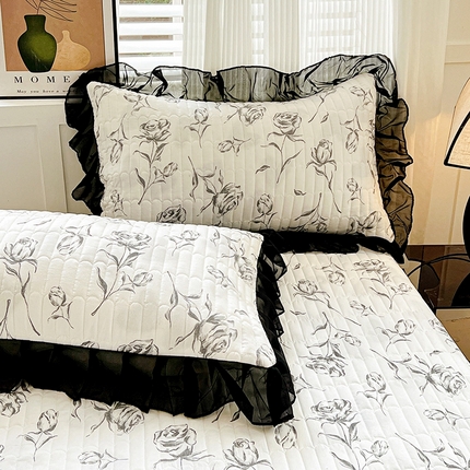 艾橙 2025新款法式赫本风水洗棉印花雪纺花边单枕套 水墨玫瑰