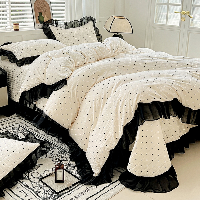 91家纺网 家纺一手货源 找家纺 艾橙 2025新款法式赫本风水洗棉印花雪纺花边单被套 点点爱