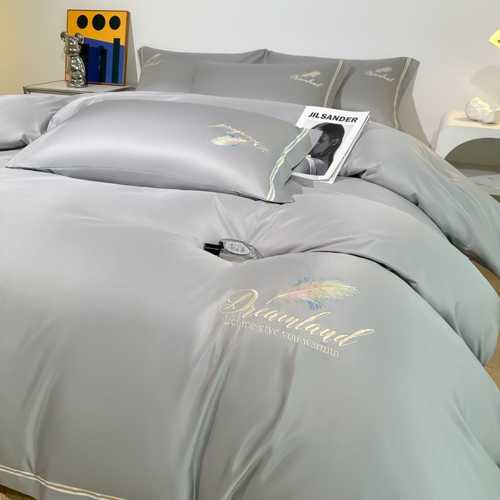 91家纺网 家纺一手货源 找家纺 （总）2025新款水洗冰丝刺绣四件套羽毛系列轻奢时尚北欧风床上用品学生宿舍三四件套