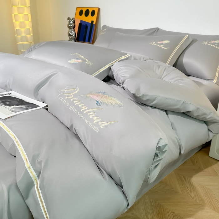 91家纺网 家纺一手货源 找家纺 （总）2025新款水洗冰丝刺绣四件套羽毛系列轻奢时尚北欧风床上用品学生宿舍三四件套