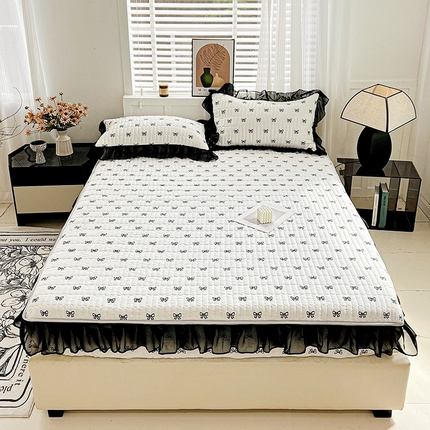 艾橙家纺2025新款法式赫本风水洗棉印花雪纺花边单床笠 黑色蝴蝶结