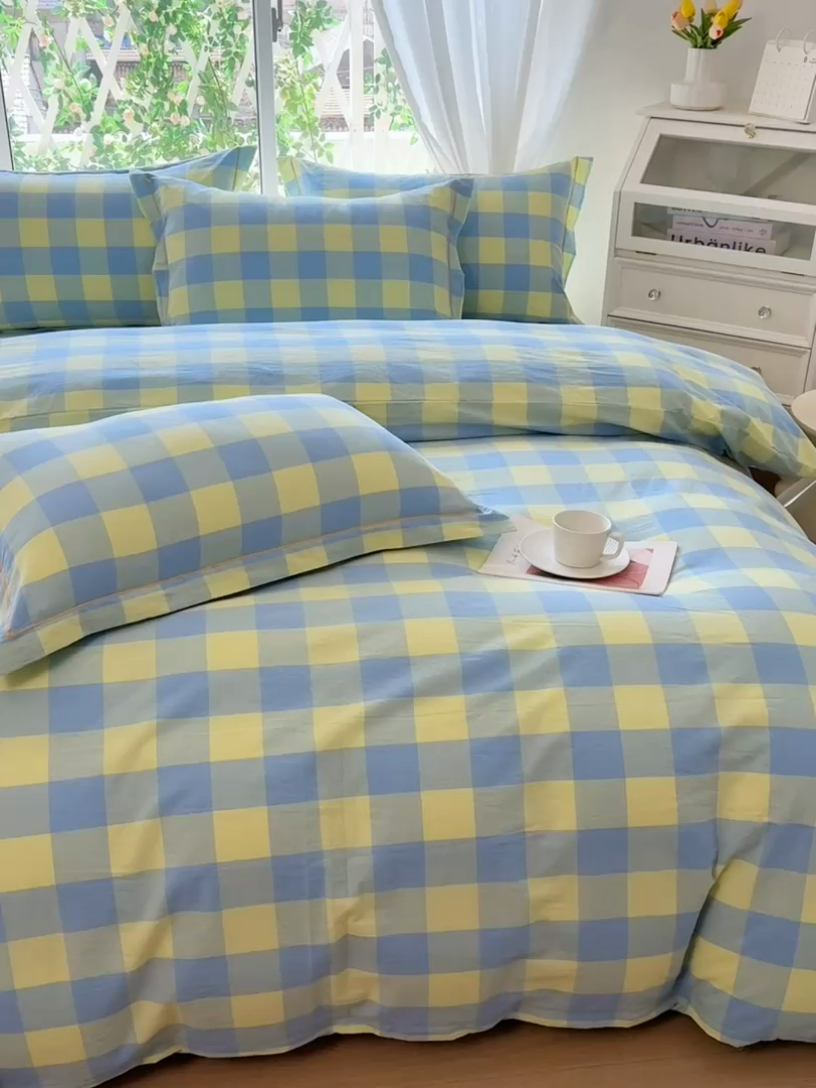 91家纺网 家纺一手货源 找家纺 木易家居 2025新款全棉色织水洗棉四件套 兰黄大格