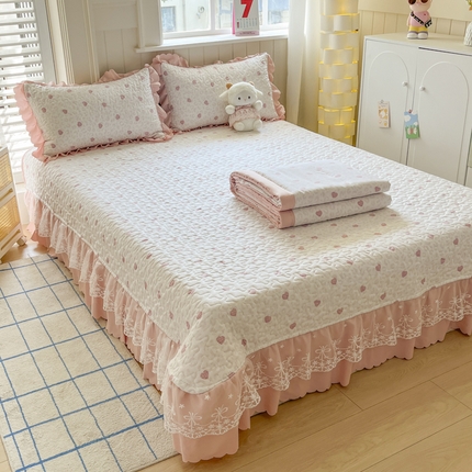 雅眠居 2025新款直播针织棉双层纱夏被床盖四件套空调夏凉被单件三件套 爱心粉