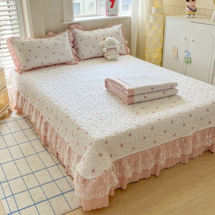 91家纺网 家纺一手货源 找家纺 雅眠居 2025新款直播针织棉双层纱夏被床盖四件套空调夏凉被单件三件套 爱心粉