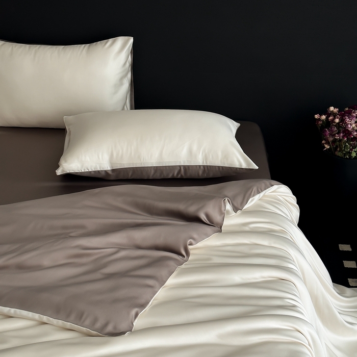 91家纺网 家纺一手货源 找家纺  禾时 2025新款60支兰精天丝轻奢纯色双拼四件套 乳蛋白-冷岩灰