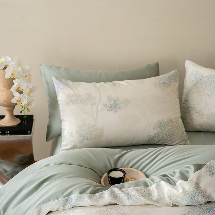 91家纺网 家纺一手货源 找家纺 咏绒家纺工厂店 2025新款60S奥地利兰精天丝数码印花暗合简约款系列四件套 如愿-绿