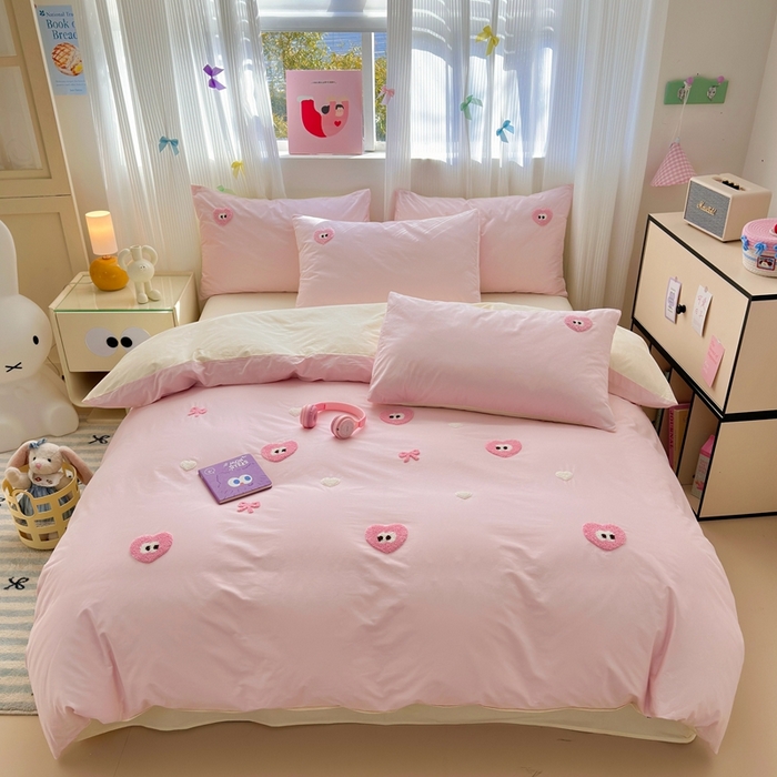 91家纺网 家纺一手货源 找家纺 锦觅2025新款奶油小清新毛巾绣全棉纯棉四件套（专版花型必须控价） 大眼爱心