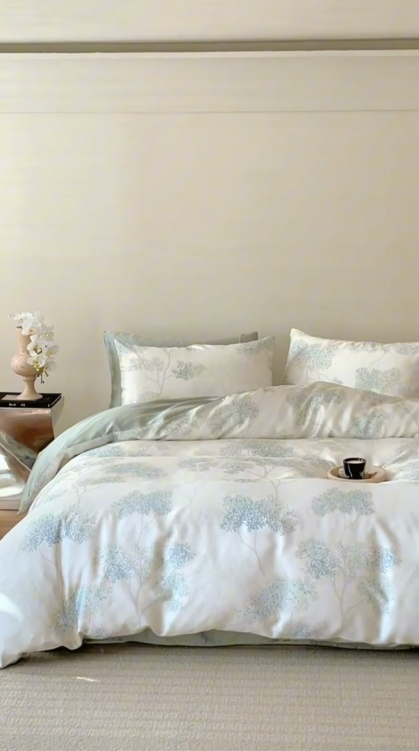 91家纺网 家纺一手货源 找家纺 咏绒家纺工厂店 2025新款60S奥地利兰精天丝数码印花暗合简约款系列四件套 如愿-绿