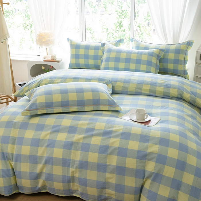 91家纺网 家纺一手货源 找家纺 木易家居 2025新款全棉色织水洗棉四件套 兰黄大格