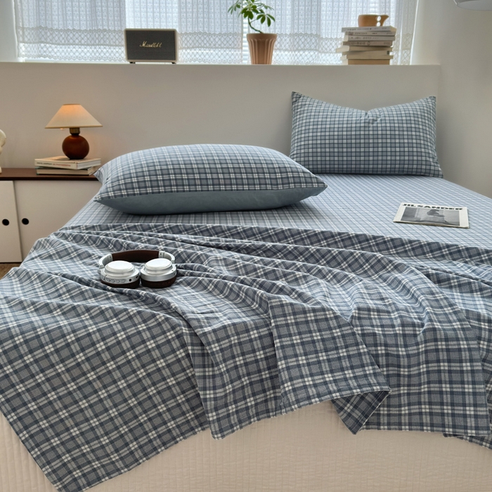 91家纺网 家纺一手货源 找家纺 2025新款水洗棉单床单 简约格蓝