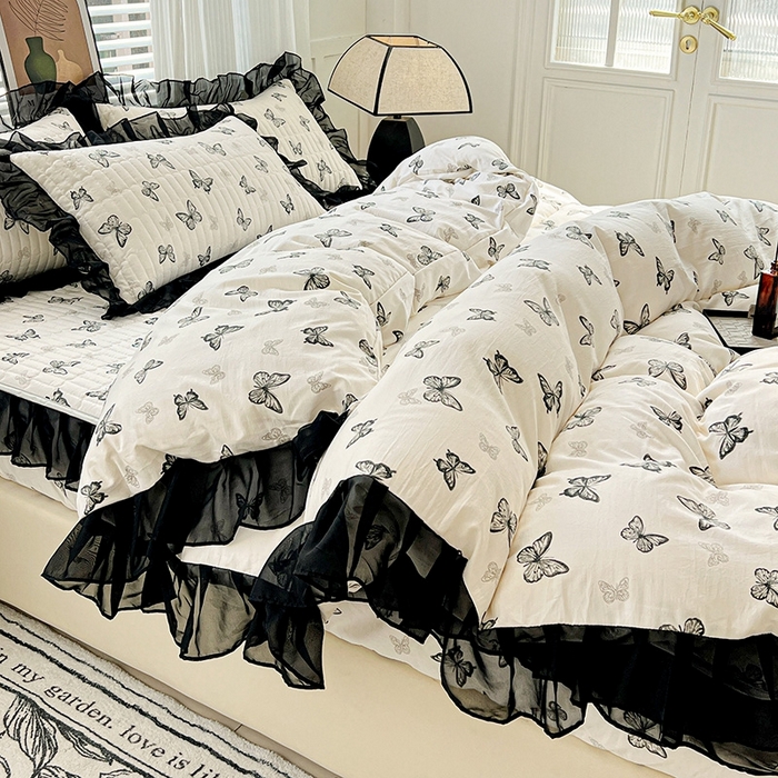 91家纺网 家纺一手货源 找家纺 （总）艾橙家纺2025新款法式赫本风水洗棉印花雪纺花边单床笠