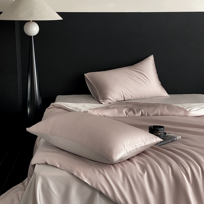 91家纺网 家纺一手货源 找家纺 禾时 2025新款60支兰精天丝轻奢纯色双拼四件套 夜影凝香-霜华银