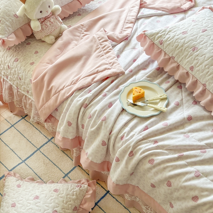 91家纺网 家纺一手货源 找家纺 雅眠居 2025新款直播针织棉双层纱夏被床盖四件套空调夏凉被单件三件套 爱心粉