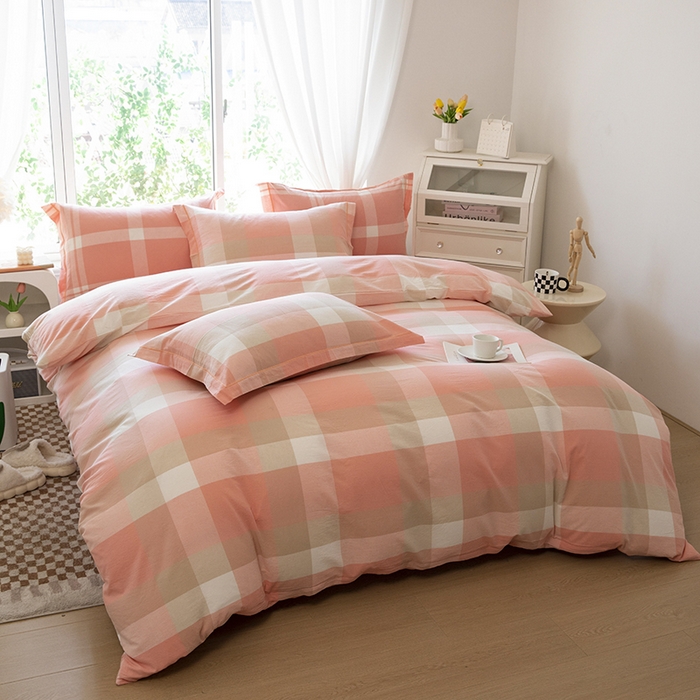 91家纺网 家纺一手货源 找家纺 木易家居 2025新款全棉色织水洗棉四件套 米夕玉大格