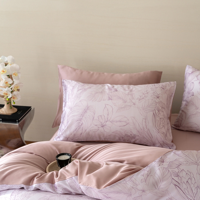 91家纺网 家纺一手货源 找家纺 咏绒家纺工厂店 2025新款60S奥地利兰精天丝数码印花暗合简约款系列四件套 叶影-紫