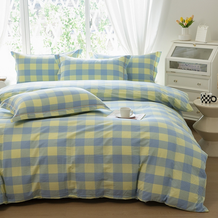 91家纺网 家纺一手货源 找家纺 木易家居 2025新款全棉色织水洗棉四件套 兰黄大格