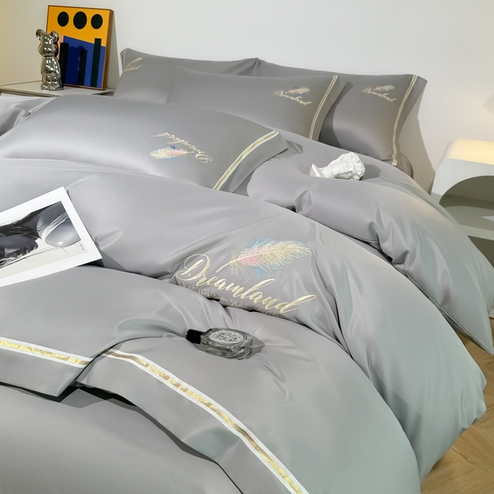 91家纺网 家纺一手货源 找家纺 （总）2025新款水洗冰丝刺绣四件套羽毛系列轻奢时尚北欧风床上用品学生宿舍三四件套