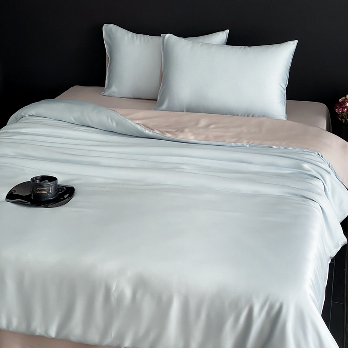 91家纺网 家纺一手货源 找家纺  禾时 2025新款60支兰精天丝轻奢纯色双拼四件套 映霜蓝-霜华银