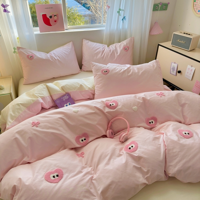 91家纺网 家纺一手货源 找家纺 锦觅2025新款奶油小清新毛巾绣全棉纯棉四件套（专版花型必须控价） 大眼爱心