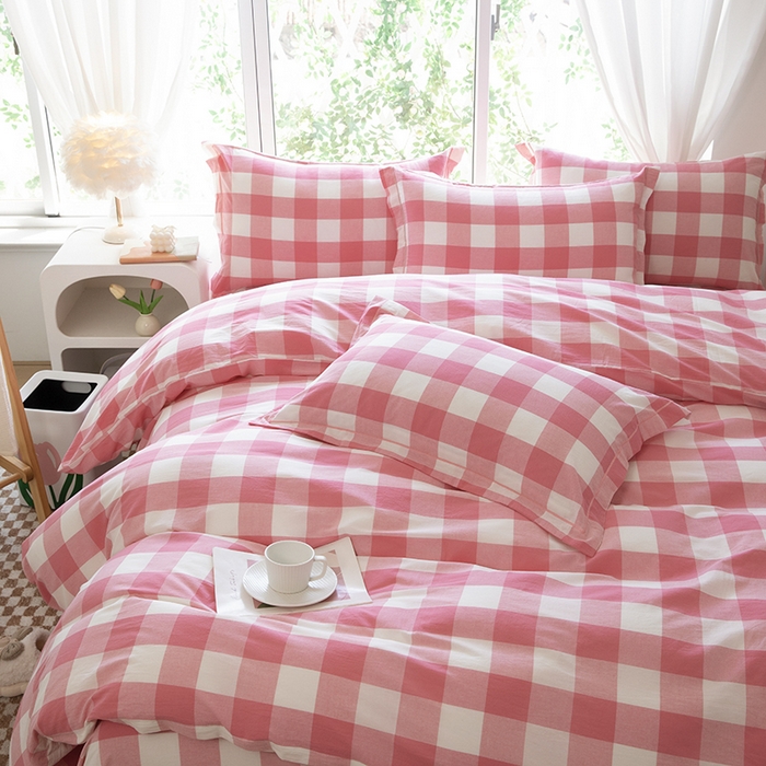 91家纺网 家纺一手货源 找家纺 木易家居 2025新款全棉色织水洗棉四件套 桃红中格