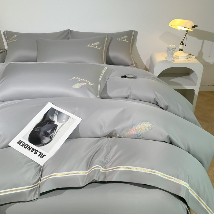 91家纺网 家纺一手货源 找家纺 （总）2025新款水洗冰丝刺绣四件套羽毛系列轻奢时尚北欧风床上用品学生宿舍三四件套