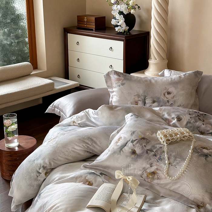 91家纺网 家纺一手货源 找家纺 2025新款60S奥地利兰精天丝数码印花宽边压线系列四件套 奥菲娜-灰