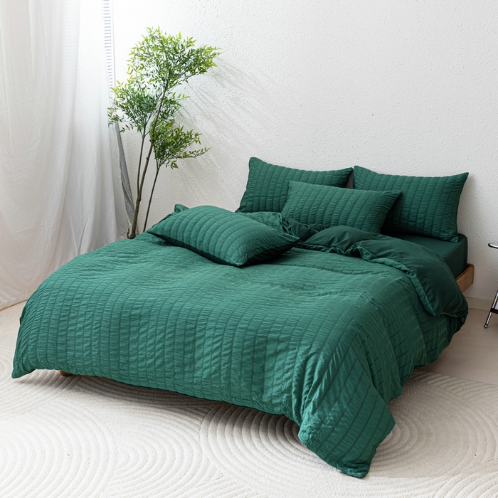 91家纺网 家纺一手货源 找家纺 恩和家纺 2025新款条纹立体泡泡纱亲肤棉四件套 墨绿