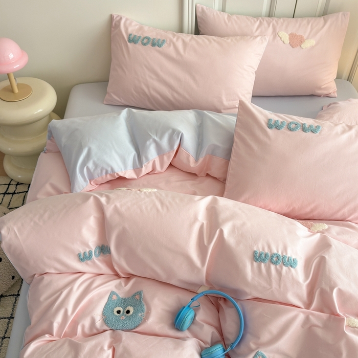 91家纺网 家纺一手货源 找家纺 锦觅2025新款奶油小清新毛巾绣全棉纯棉四件套（专版花型必须控价） 甜心小猫