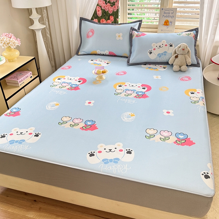 91家纺网 家纺一手货源 找家纺 518家纺 2025新款亲肤舒适A类碳光冰丝抗菌凉席【提供买家秀】席子【提供买家秀】-平铺款 花朵小熊